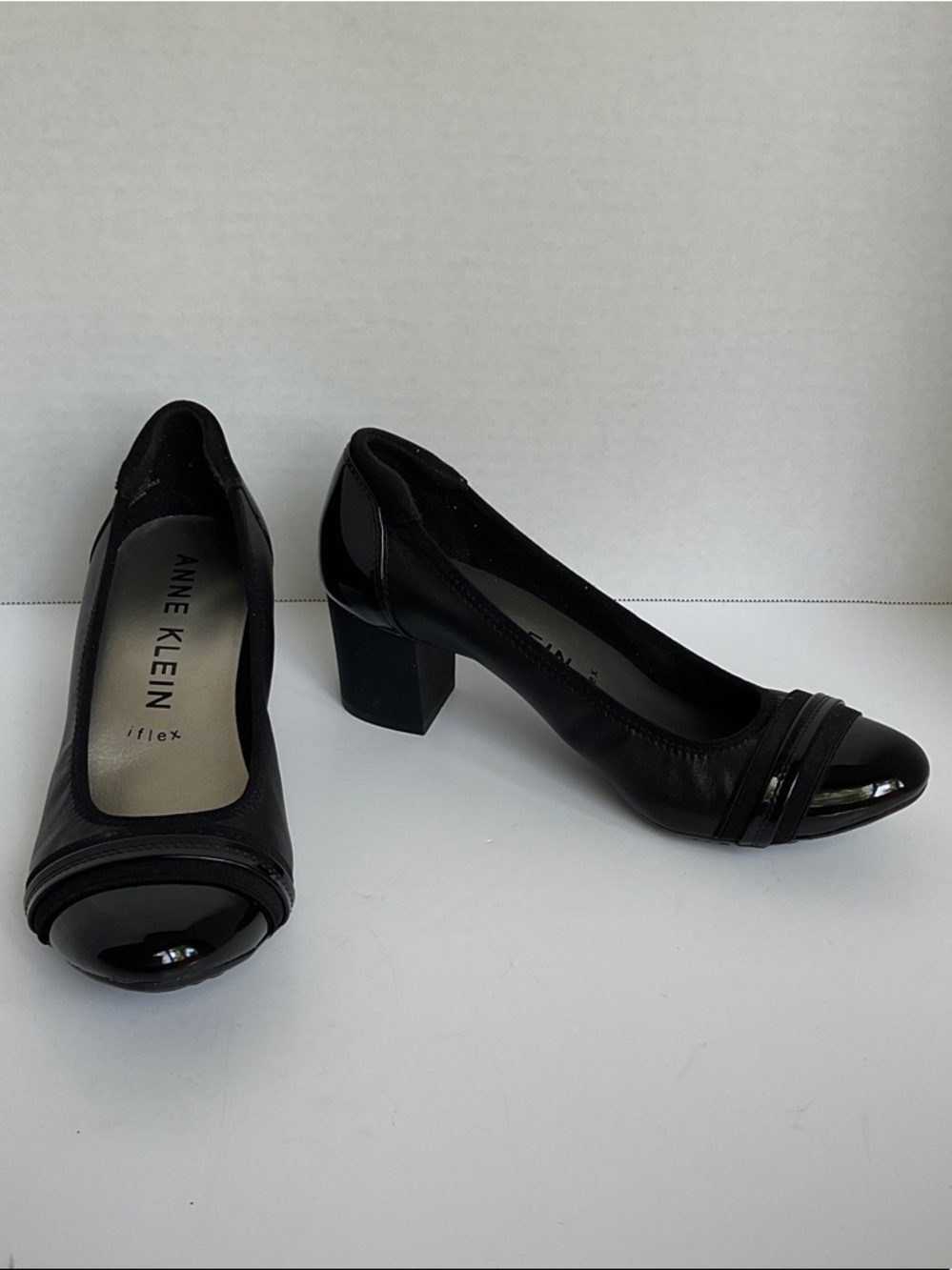 Anne Klein Black Patent Cap Toe Block Heel Pumps
